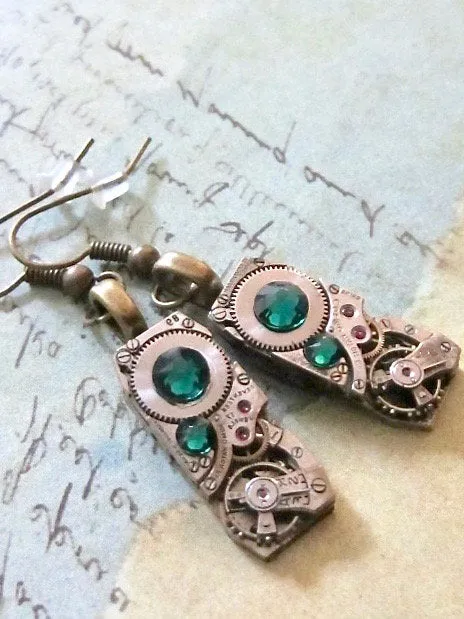 Steampunk watch movement earrings  - Emerald Earrings - Repurposed art