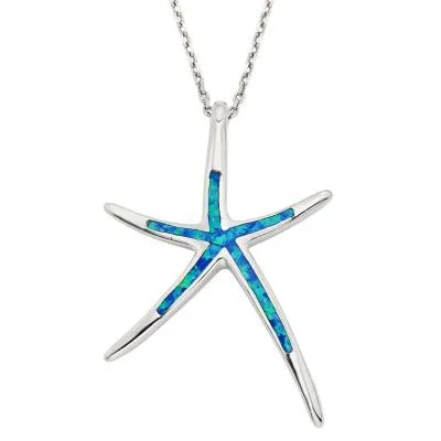 Sterling Silver Created Blue Opal Inlay Starfish Necklace (91303)