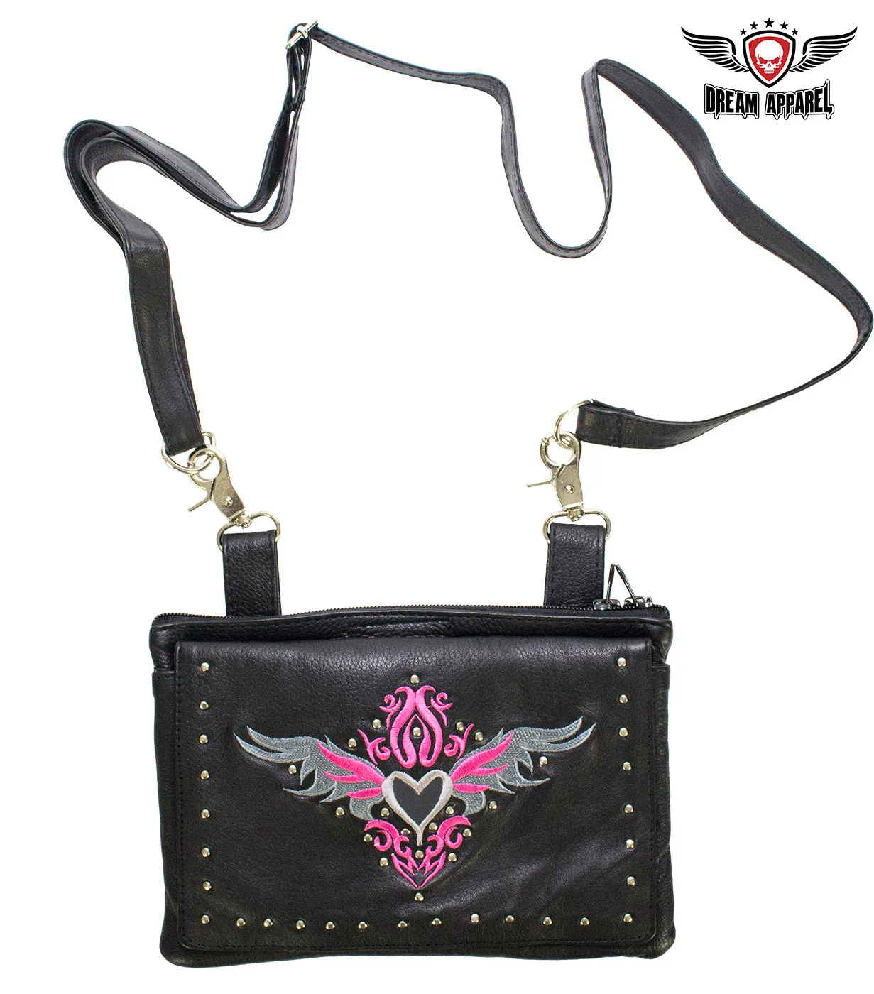 Studded Naked Cowhide Leather Gun Holster Belt Bag with Pink & Silver Heart