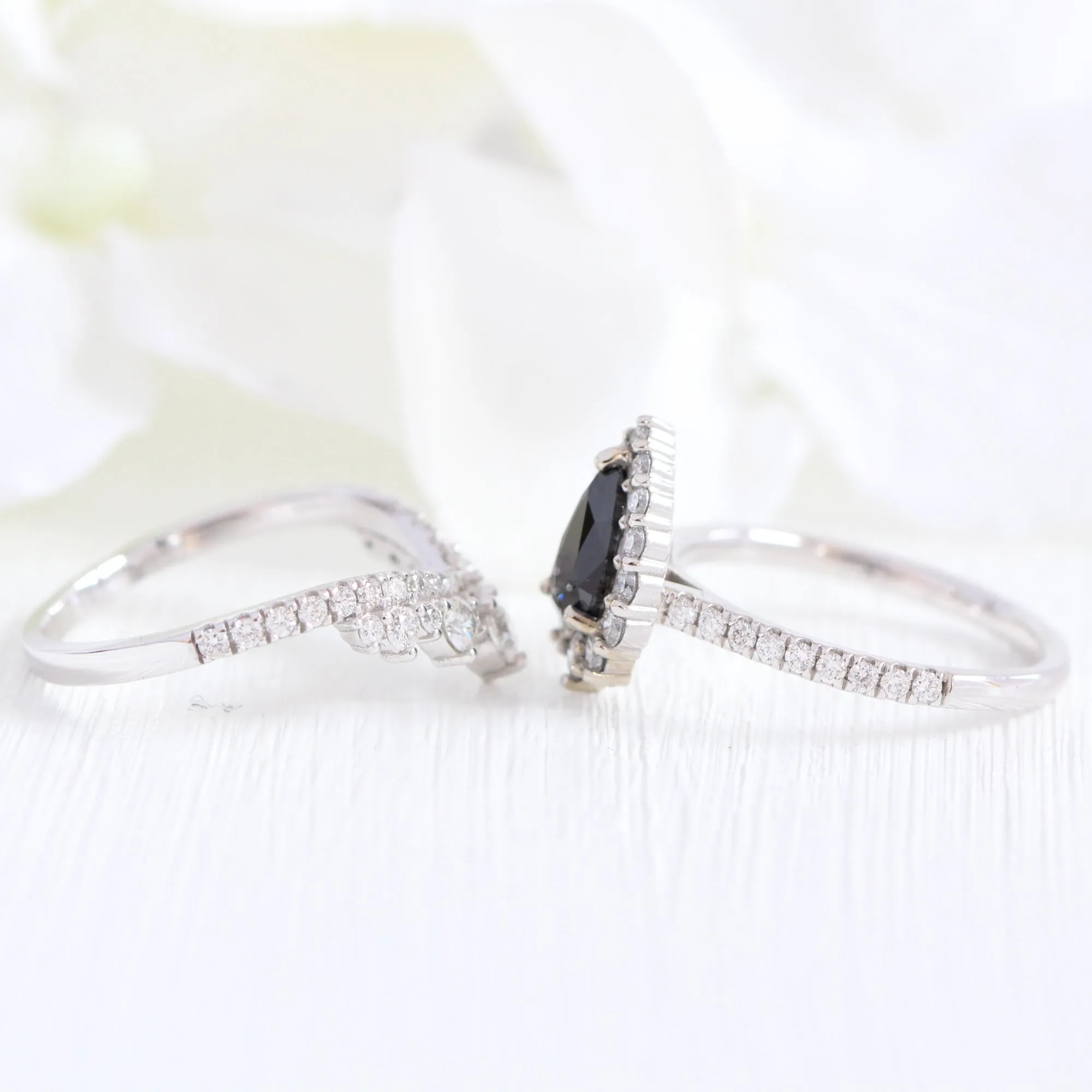 Tiara Halo Black Diamond Pave Ring Set w/ Large Tiara Diamond Wedding Band