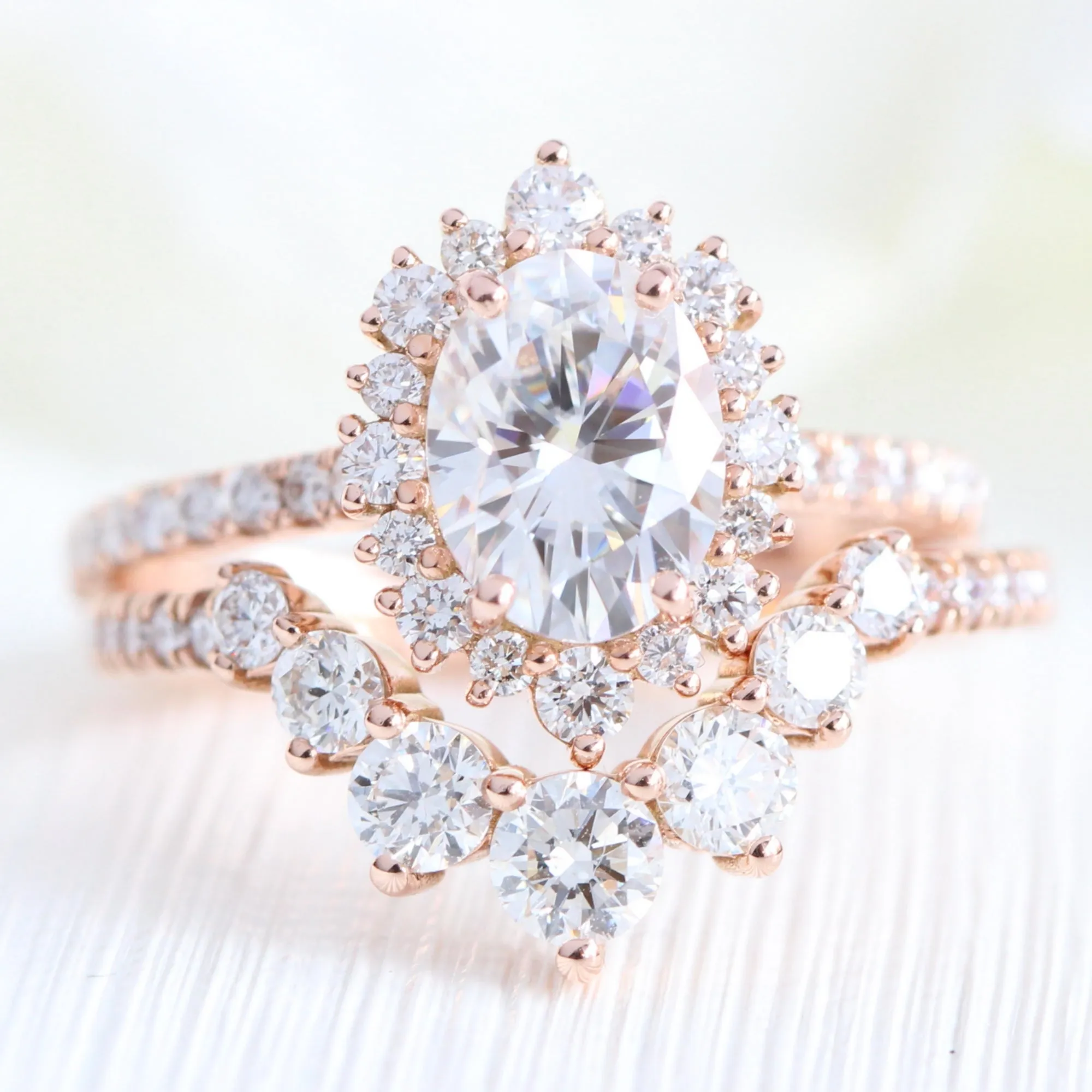 Tiara Halo Pave Ring Bridal Set w/ Oval Moissanite and Large 7 Diamond U Band