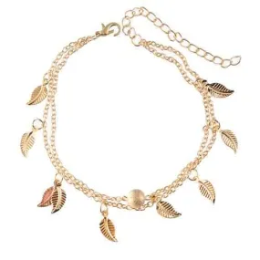 Trendy Silver Gold Color Leaf Pendant Anklet Double Layer