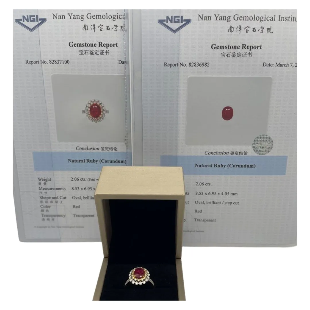 Unheated Ruby & Diamond Ring set in 750 White Gold with Cert