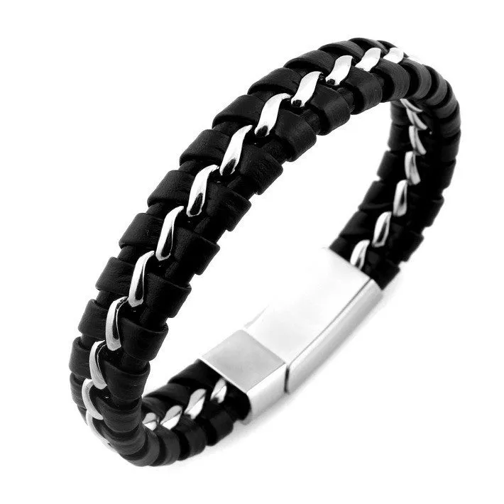 Unique Designer 316L Stainless Steel Bracelets & Bangles Mens Gift Black Leather Knitted Magnetic Clasp Bracelet Men Jewelry