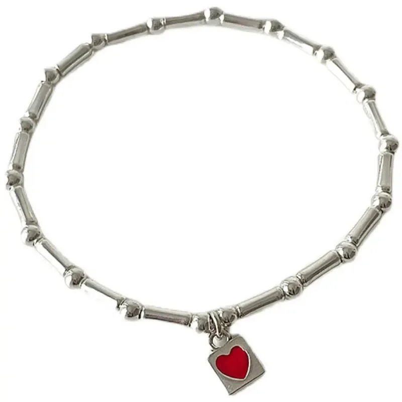 VAIGE Elegant Silver Bamboo Joint Red and Heart Accented Cuff Bracelet