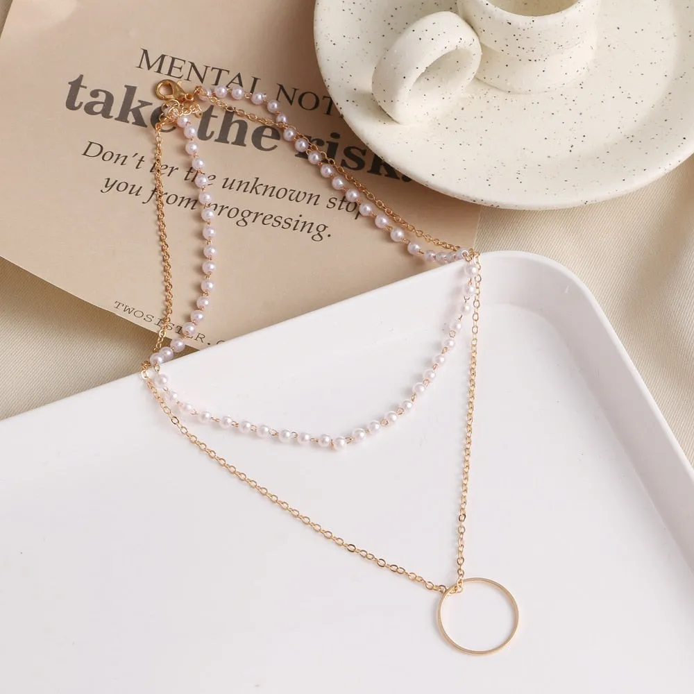 VenusFox New Fashion Elegant White Pearl Choker Necklace Cute Double Layer Chain Pendant For Women Jewelry Girl Gift