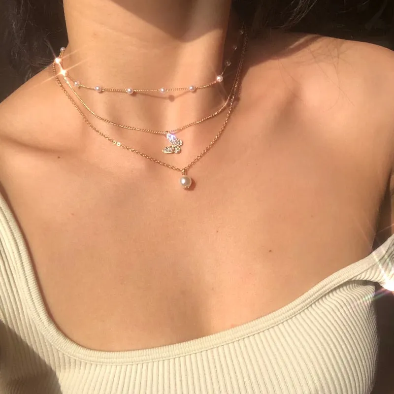 VenusFox New Fashion Elegant White Pearl Choker Necklace Cute Double Layer Chain Pendant For Women Jewelry Girl Gift