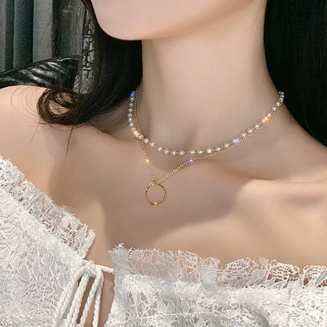 VenusFox New Fashion Elegant White Pearl Choker Necklace Cute Double Layer Chain Pendant For Women Jewelry Girl Gift