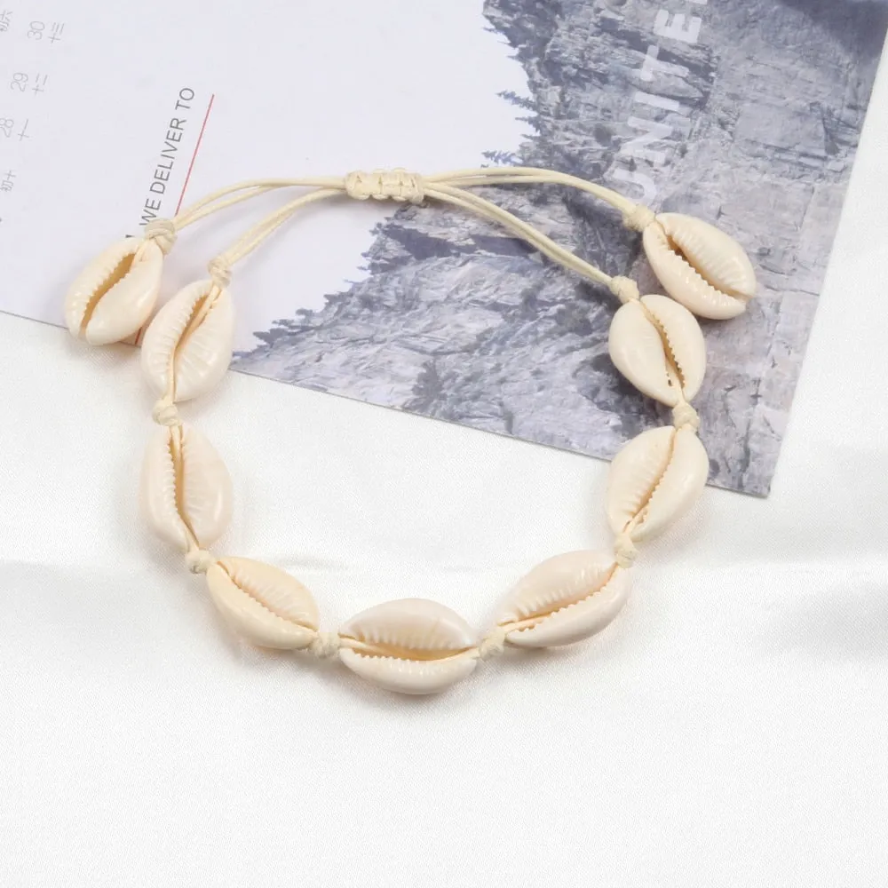 VenusFox Women Shells Necklaces Bracelets Set Natural Sea Conch Braid Chain Choker Bangles Charms Jewelry Girl Friendship Gifts Handmade