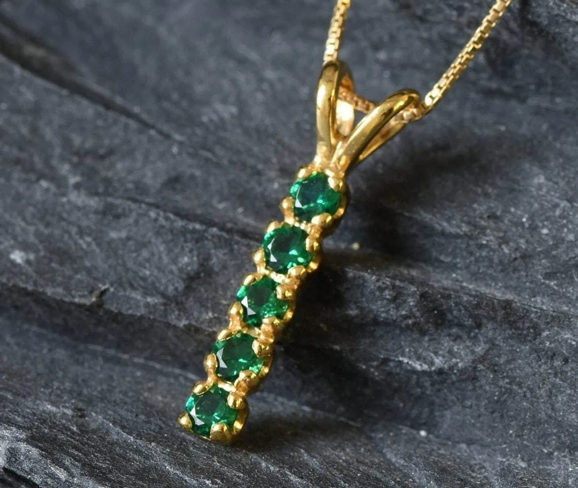 Vertical Emerald Pendant - Gold Emerald Necklace, Green Gemstone Pendant