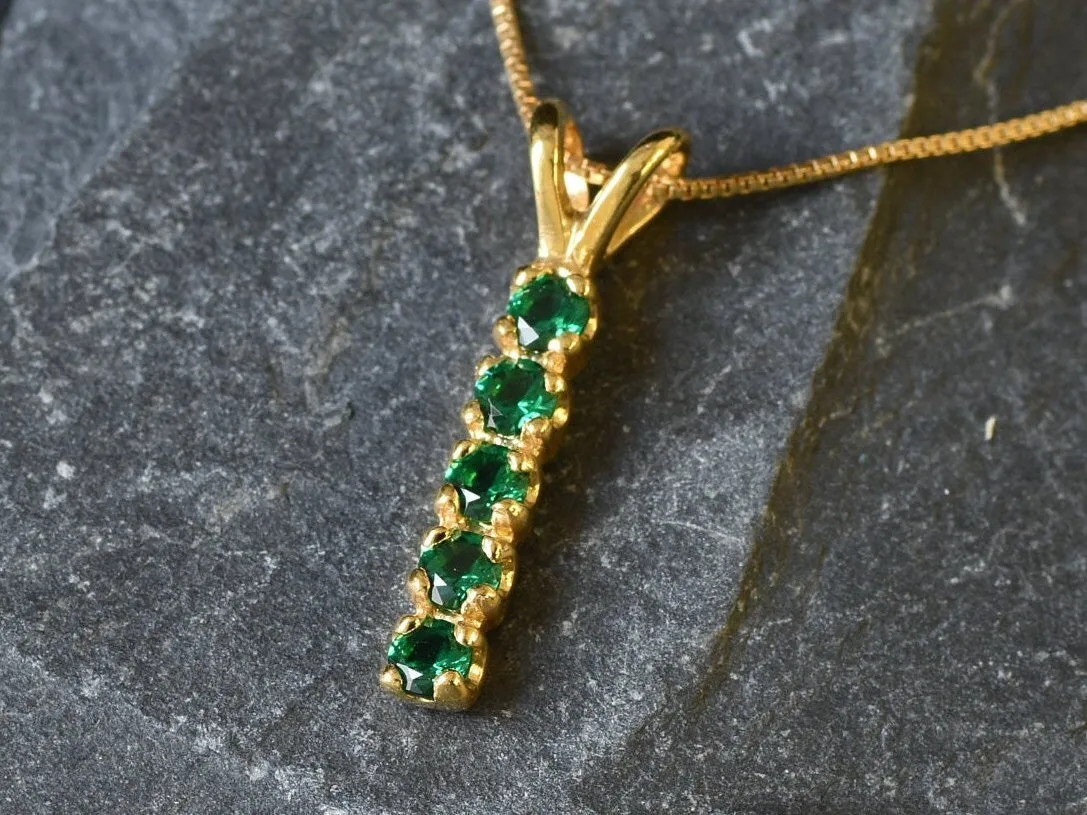 Vertical Emerald Pendant - Gold Emerald Necklace, Green Gemstone Pendant