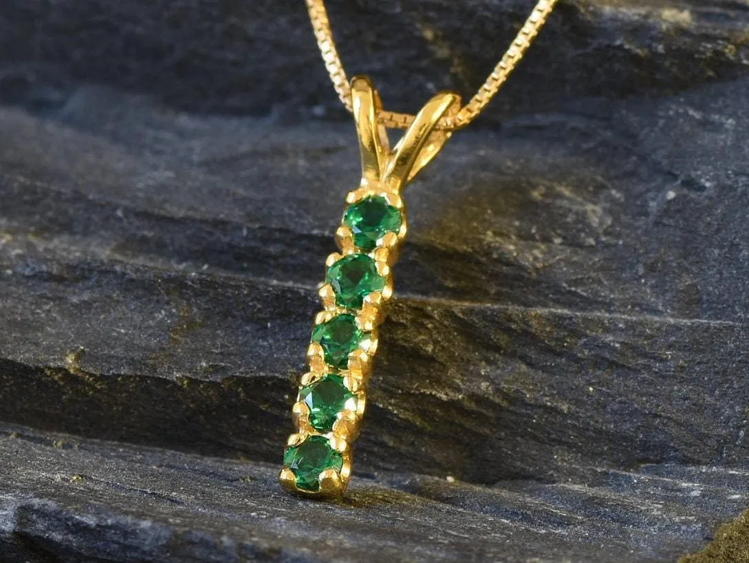 Vertical Emerald Pendant - Gold Emerald Necklace, Green Gemstone Pendant