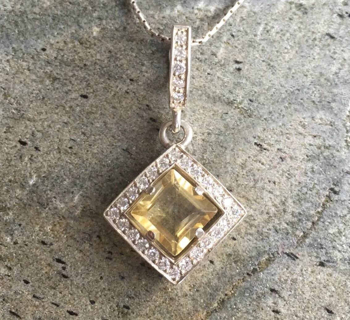 Vintage Citrine Necklace - Genuine Citrine Necklace - Princess Cut Yellow Pendant