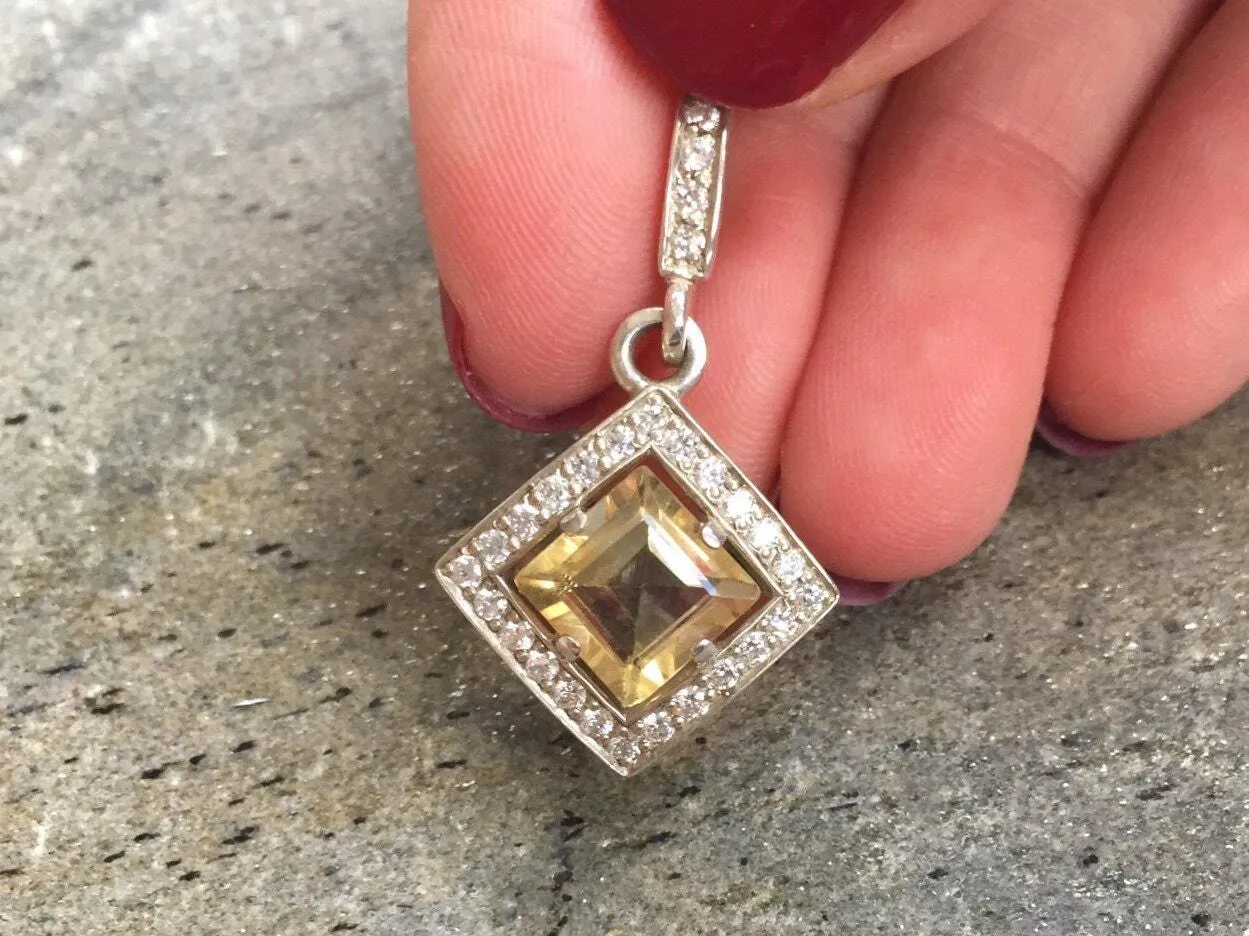 Vintage Citrine Necklace - Genuine Citrine Necklace - Princess Cut Yellow Pendant