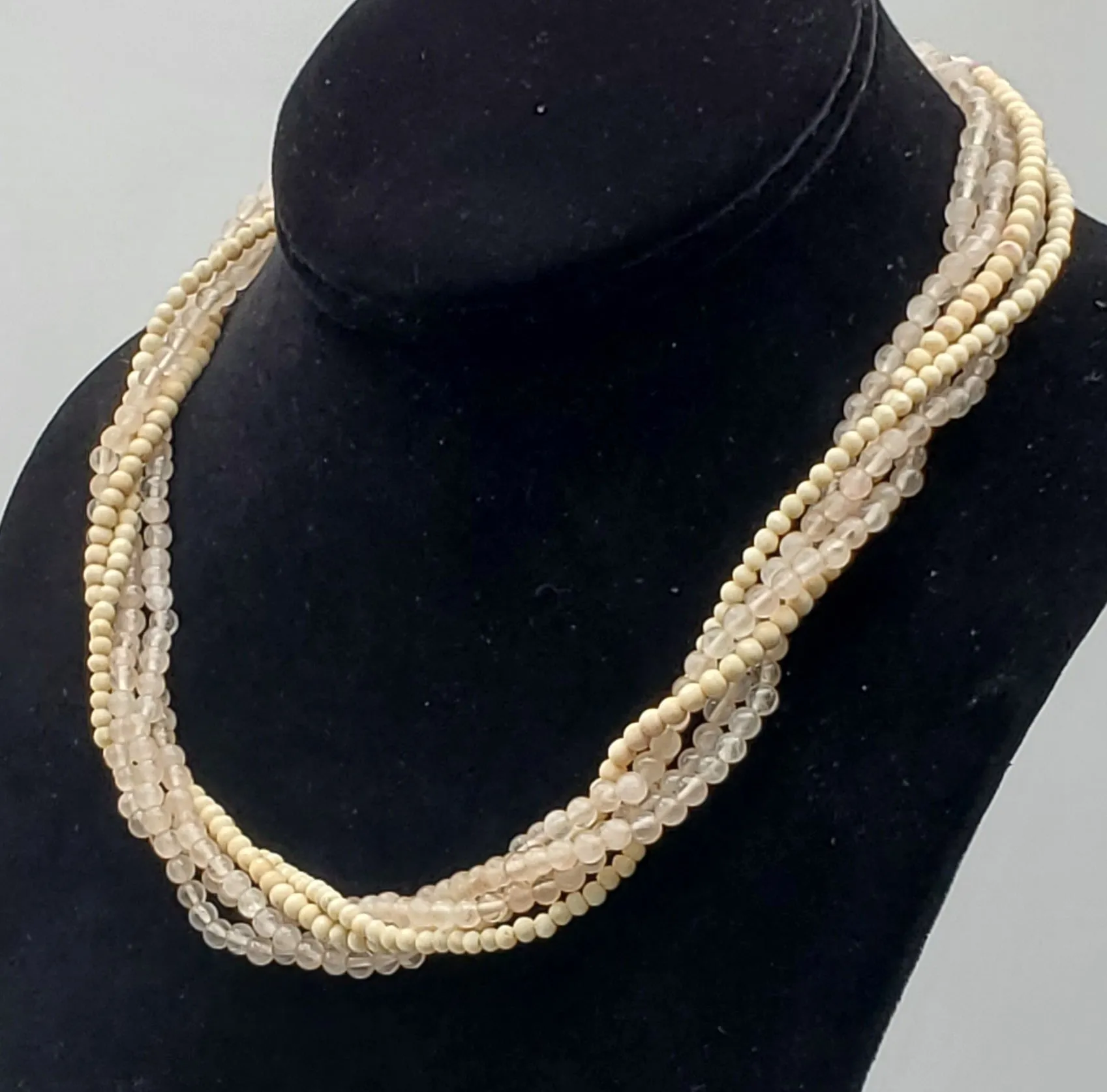 Vintage Shell and Rose Quartz 5 Strand Beaded Necklace - 18"