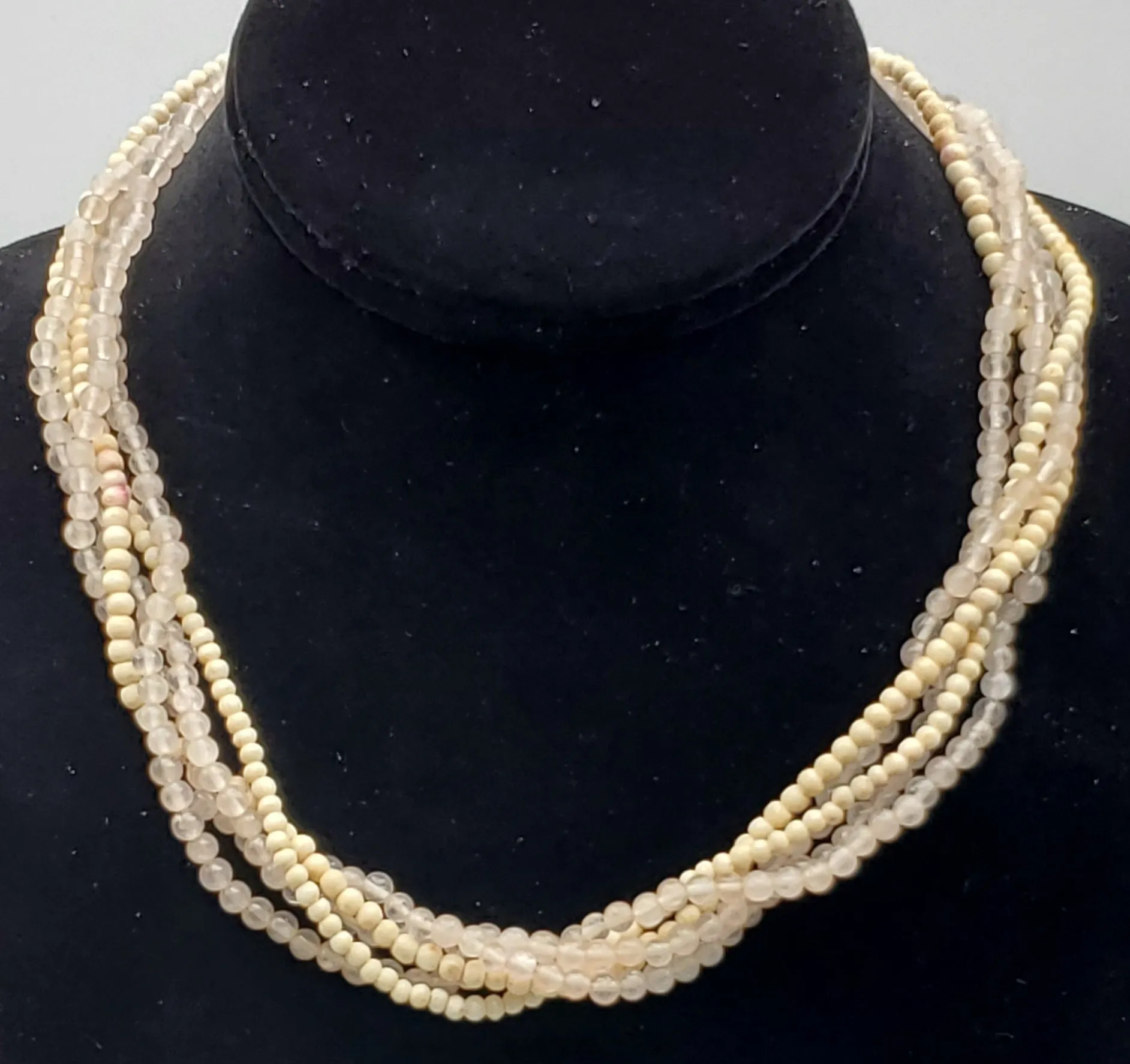 Vintage Shell and Rose Quartz 5 Strand Beaded Necklace - 18"