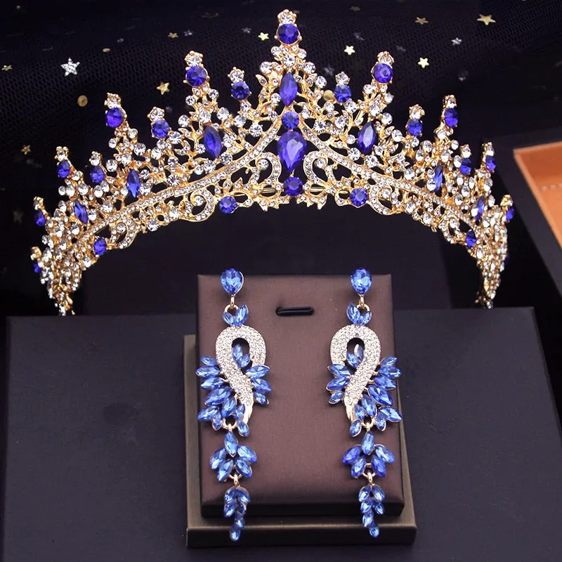 Vivid Blue Bridal Wedding Crown With Earrings Evening Jewelry Accessories