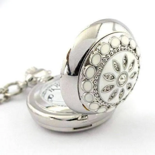 White Pearl Flower Vintage Style Mini Pocket Watch Necklace For Woman