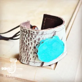 **Wide Bone Gator Leather Cuff w/ Turquoise Slab 009cc