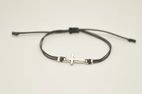 Women bracelet with silver cross charm, Gray cord, adjustable