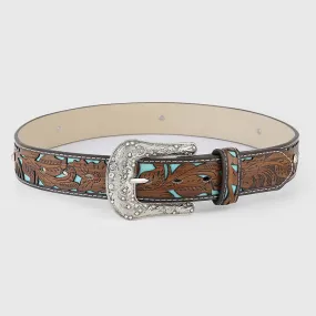 Women's Rhinestone Embossed Flower Dark Brown Leather Belt