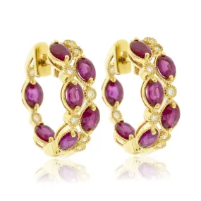 Yellow Gold Polish Finish Ruby Two Row Hoop Earrings